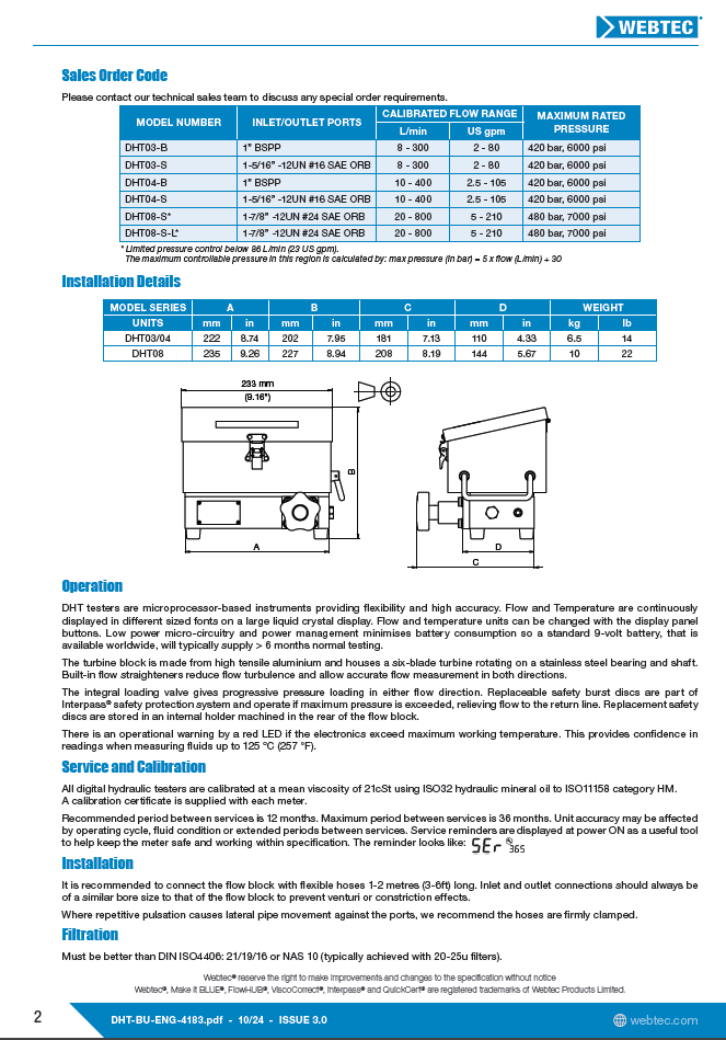 Webtec DHT03-B Digital Hydraulic Test Unit 10-300 L/min