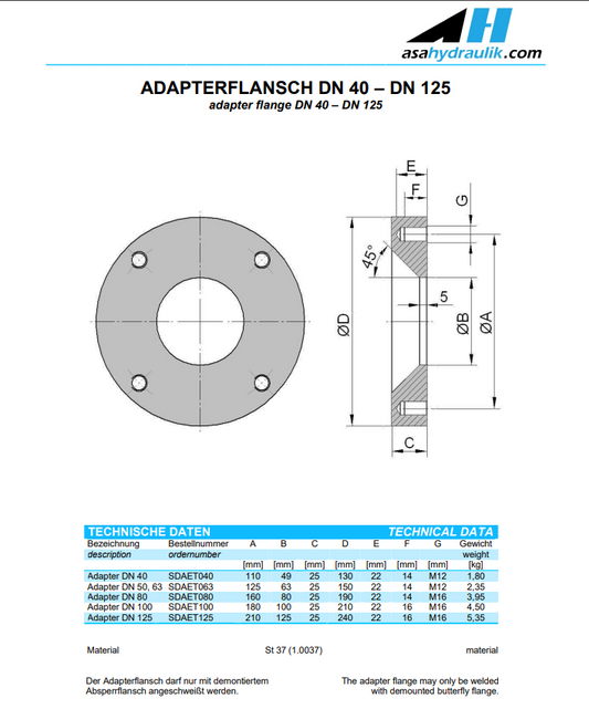 ASA SDAET125  Weldable Adapter Flange DN 125